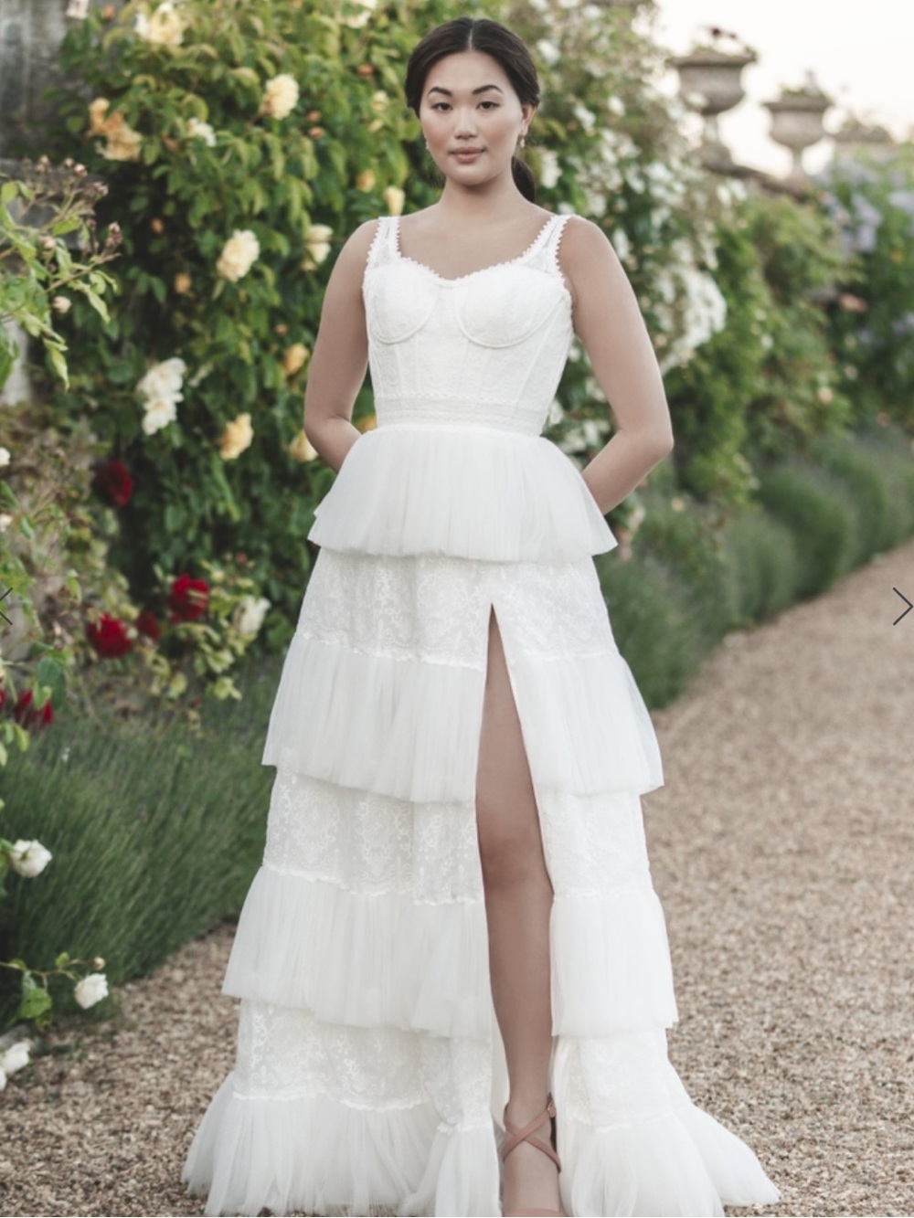 Romantic Bridgerton White Tiered Lace Peplum Wedding Gown